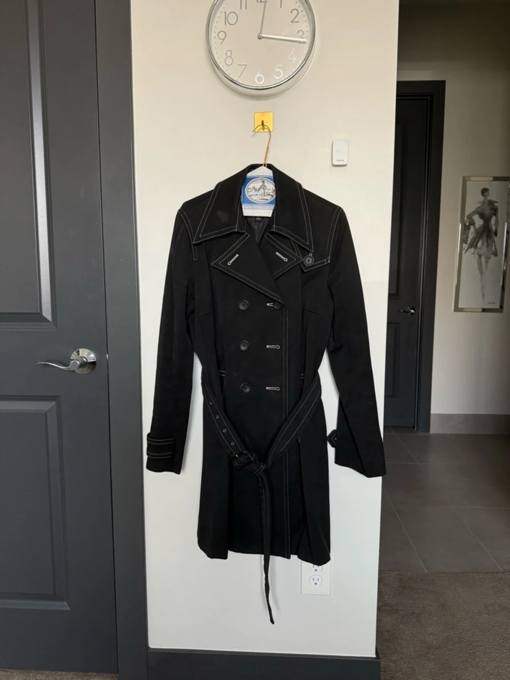 Vintage Banana Republic Black Cotton Trench Coat Contrast Stitch Belted L